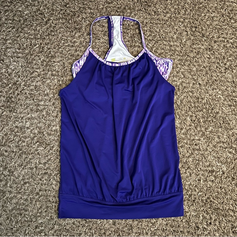 Xersion Womens S Purple Stretch Tank Top With Attached Bra Gathered Waist Small